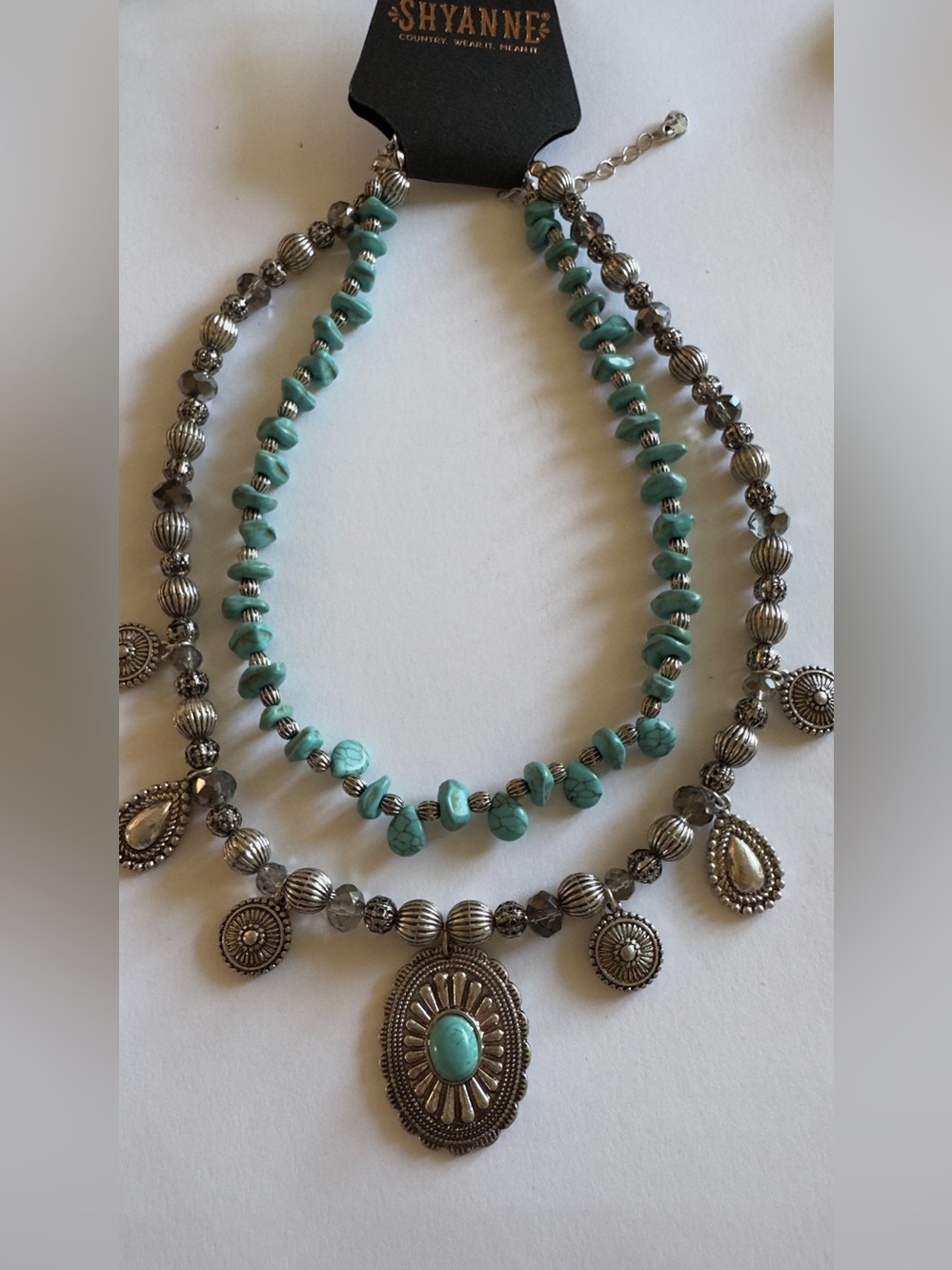 8” adjustable Shyanne Turquoise Bead Layered Pendant Necklace with Silver Accent